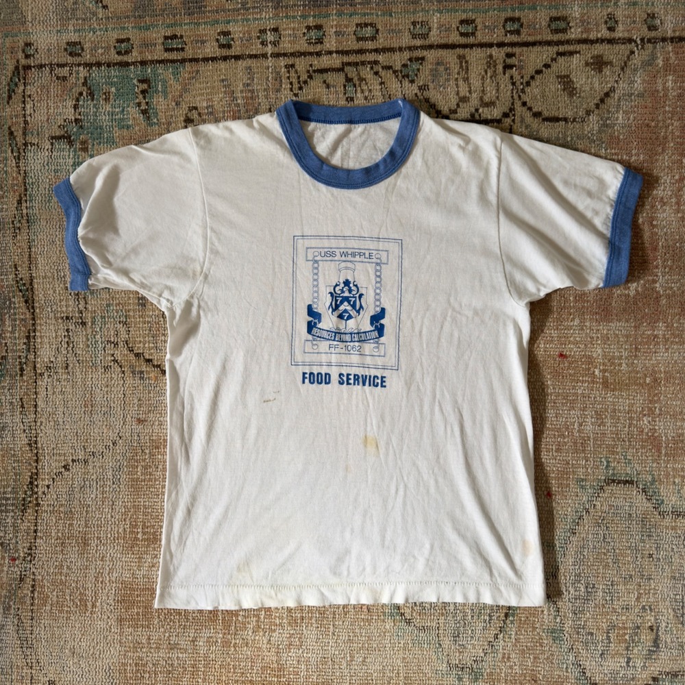 Vintage USS Whipple FF-1062 Food Service Ringer T-Shirt White Blue 70s 80s Navy